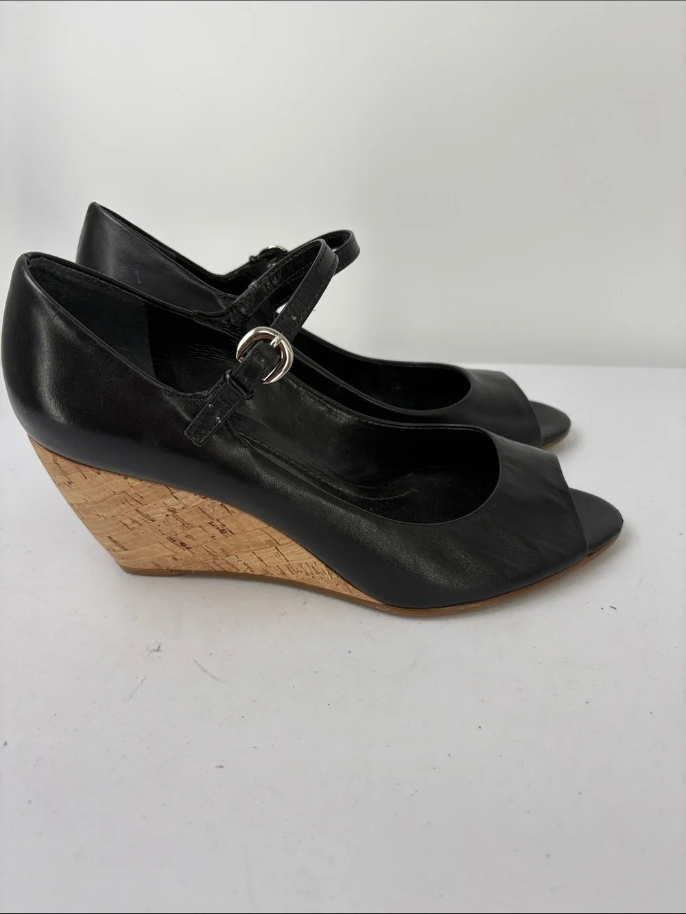 🕊️ Franco Sarto  Leather Cork Wedge Mary Jane Sandals w peep Toe